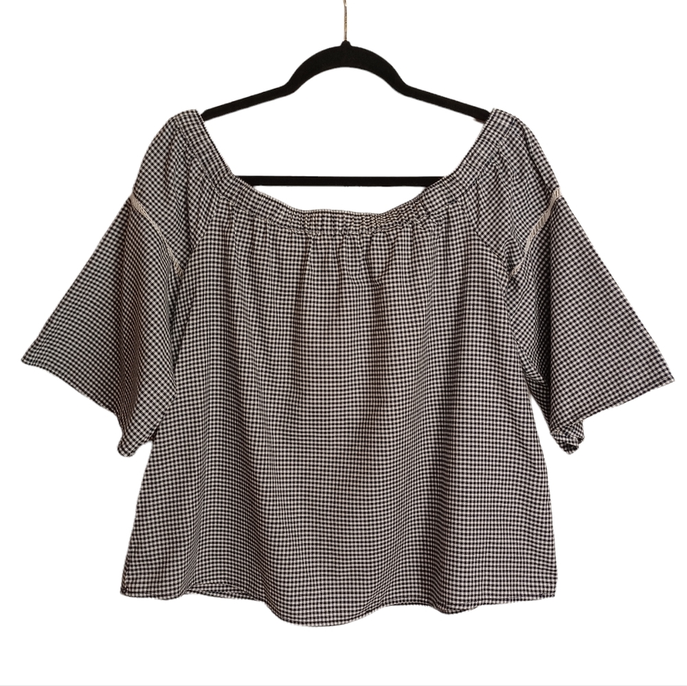 ABERCROMBIE & FITCH Navy Blue White Plaid Checker Print Off Shoulder Flare Top M - Picture 1 of 7